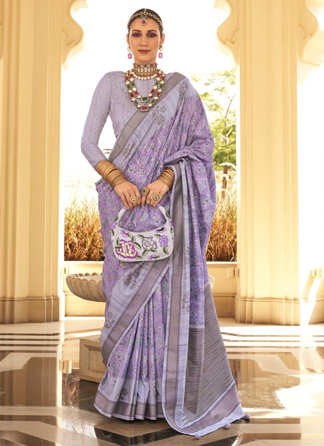 Silk Light Levender Traditional Wear Printed Saree